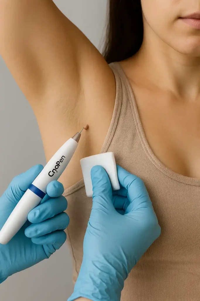 woman having cryopen to remove underarm skin tags Queensbury
