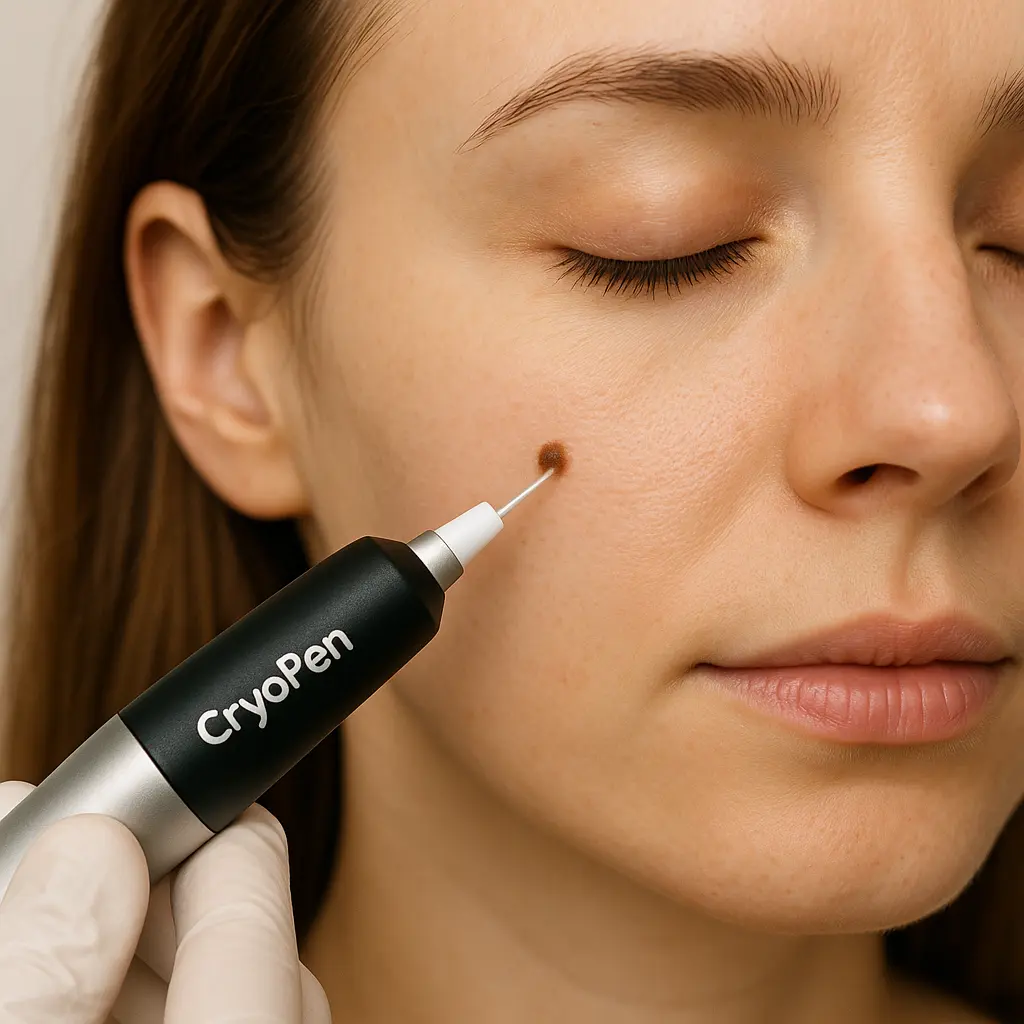 woman receiving facial mole removal Queensbury using cryopen